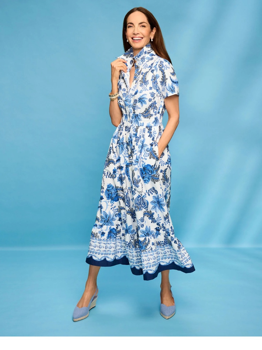 Talbots Blue & White Floral Maxi Shirt Dress